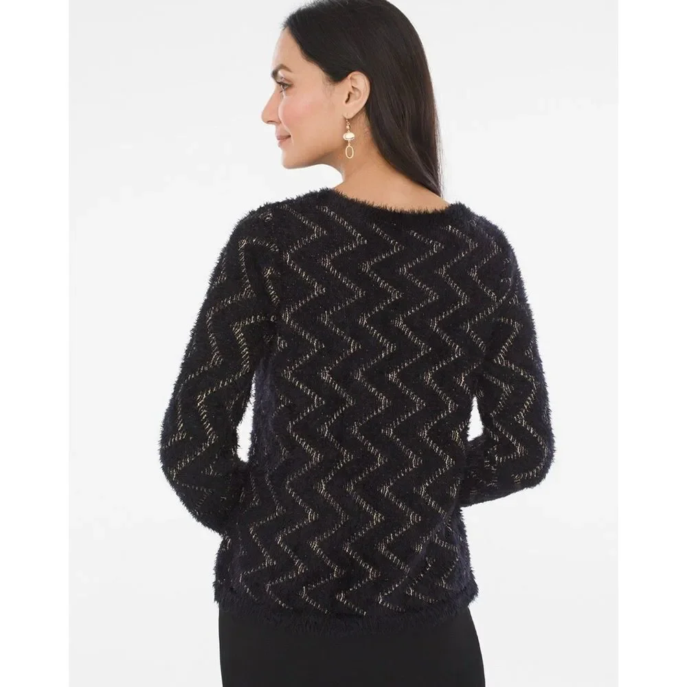 Chico's Zig-Zag Fuzzy Soft Jacquard Pullover Sweater NWT Size US LARGE - Picture 2 of 10